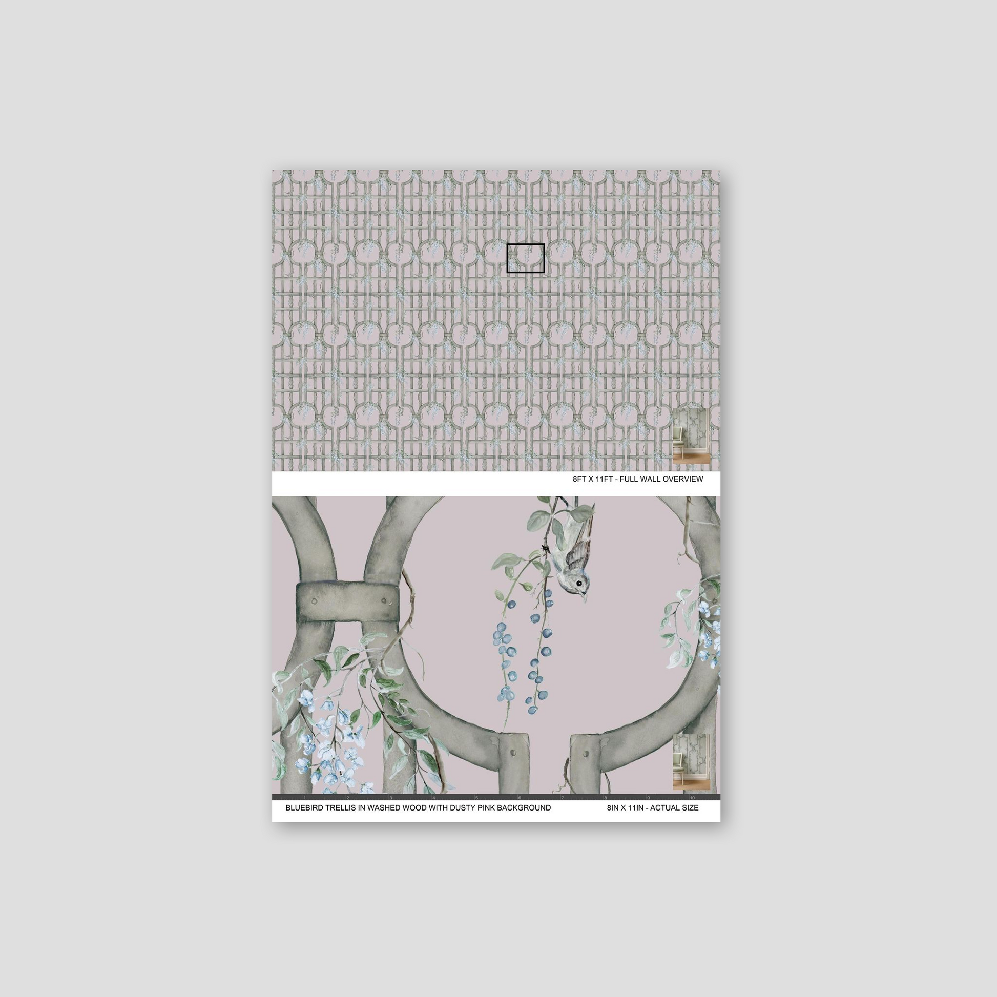 Bluebird trellis wallpaper with vines and blue blooms on dusty pink background.