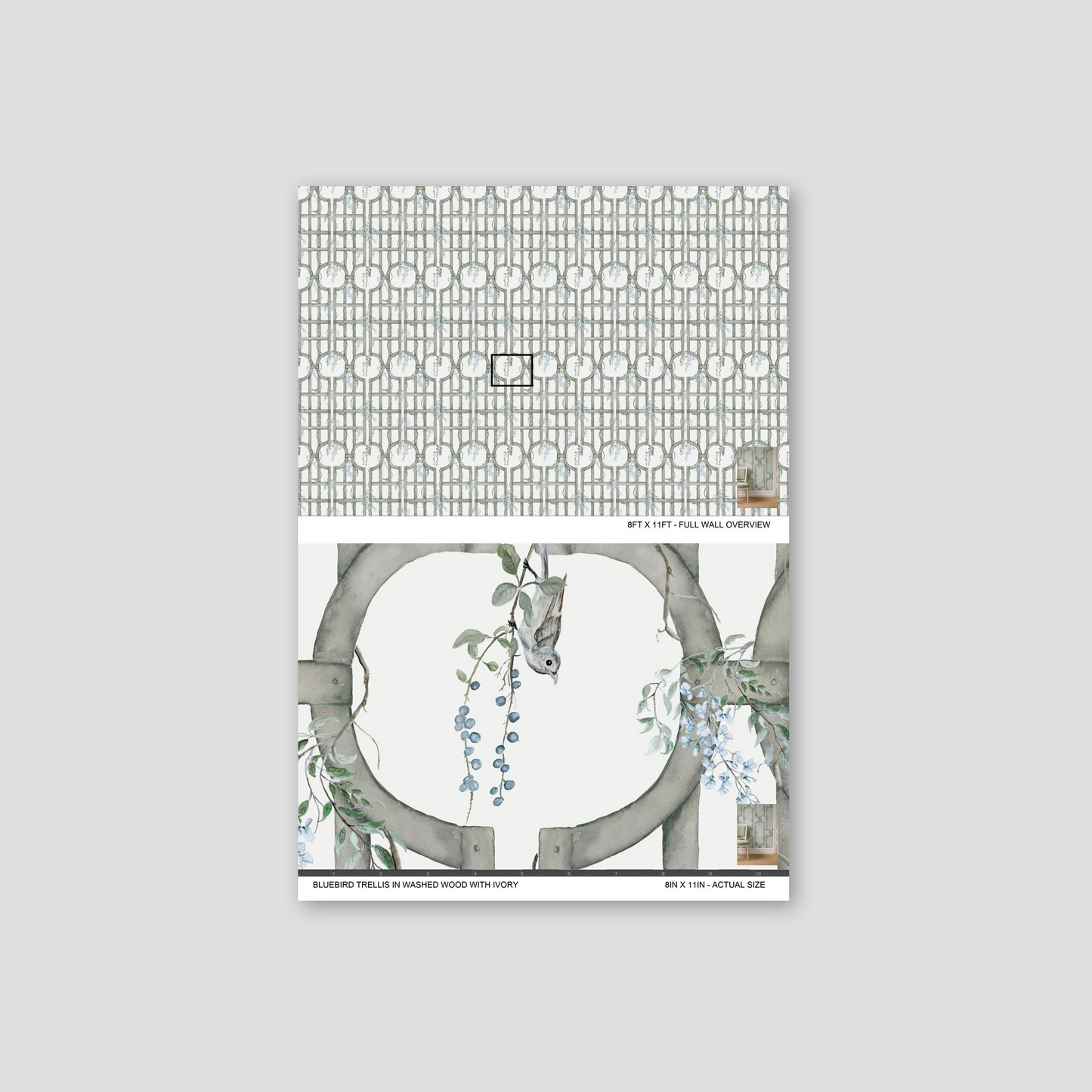 Bluebird Trellis wallpaper with grey lattice and blue flowers