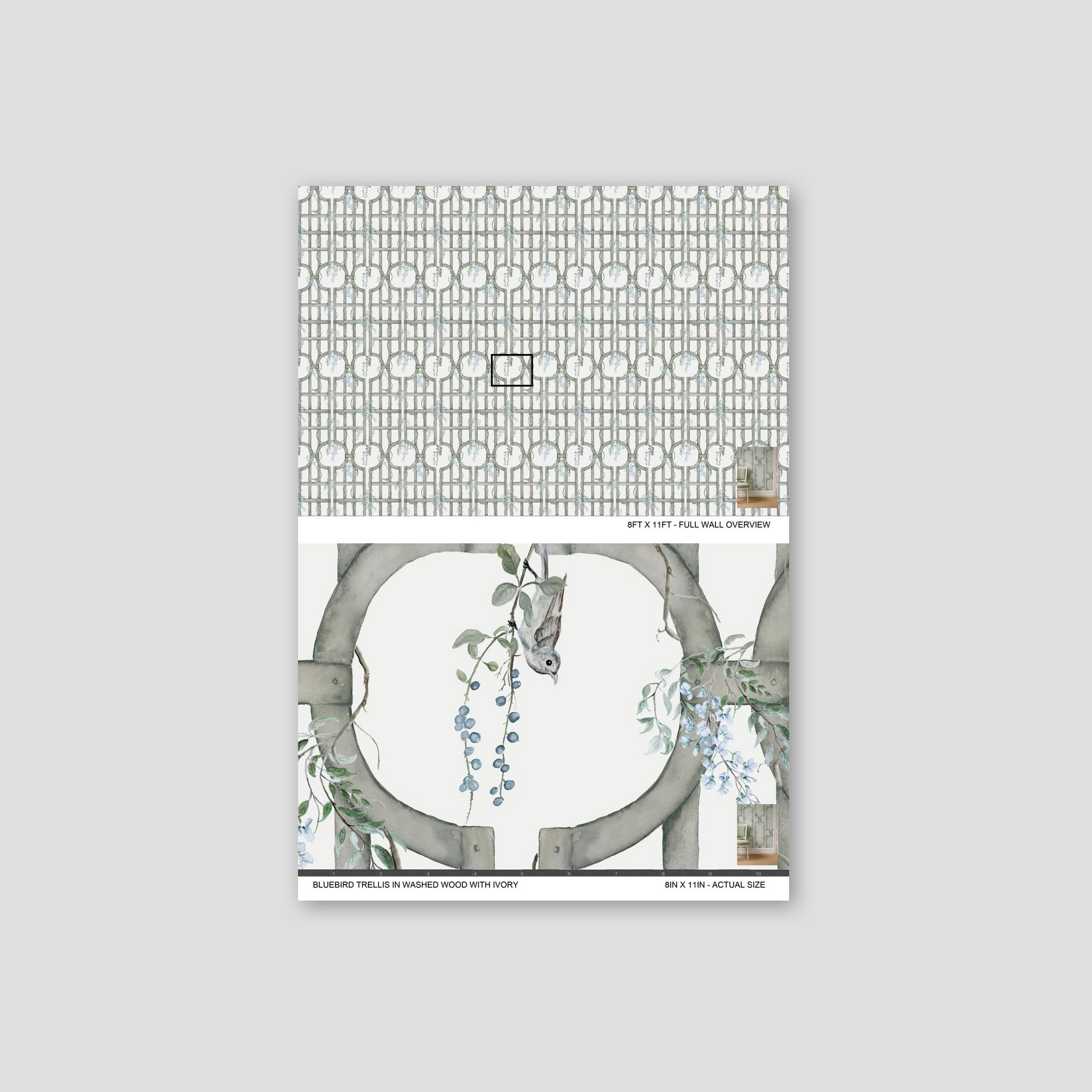 Bluebird Trellis wallpaper with grey lattice and blue flowers