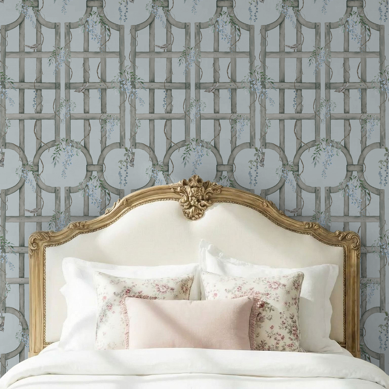 Bluebird trellis wallpaper with vines in bedroom setting, vintage headboard