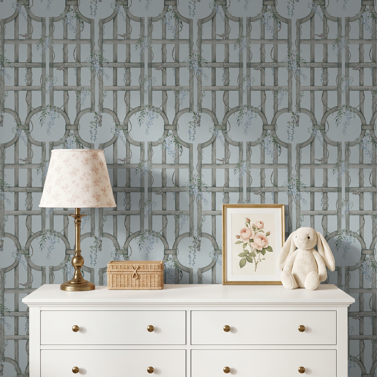 Bluebird Trellis wallpaper with vine pattern in vintage room setting.