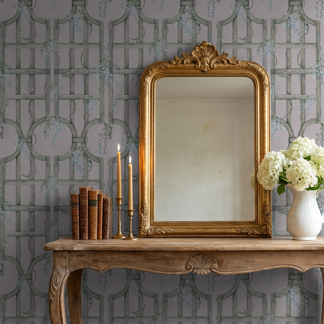 Elegant trellis wallpaper with blue blooms and mauve background in vintage room setting.