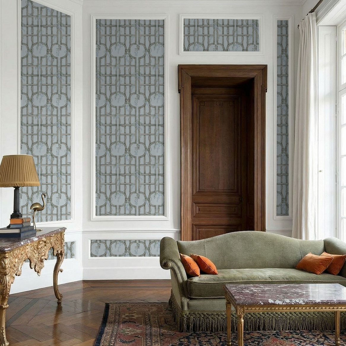 Elegant living room with blue trellis wallpaper, vintage furniture, and ornate decor.