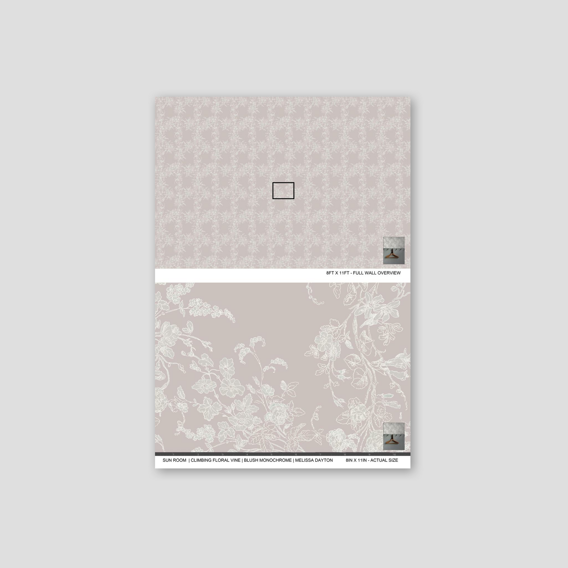 Blush floral vine wallpaper sample with delicate design on soft background.