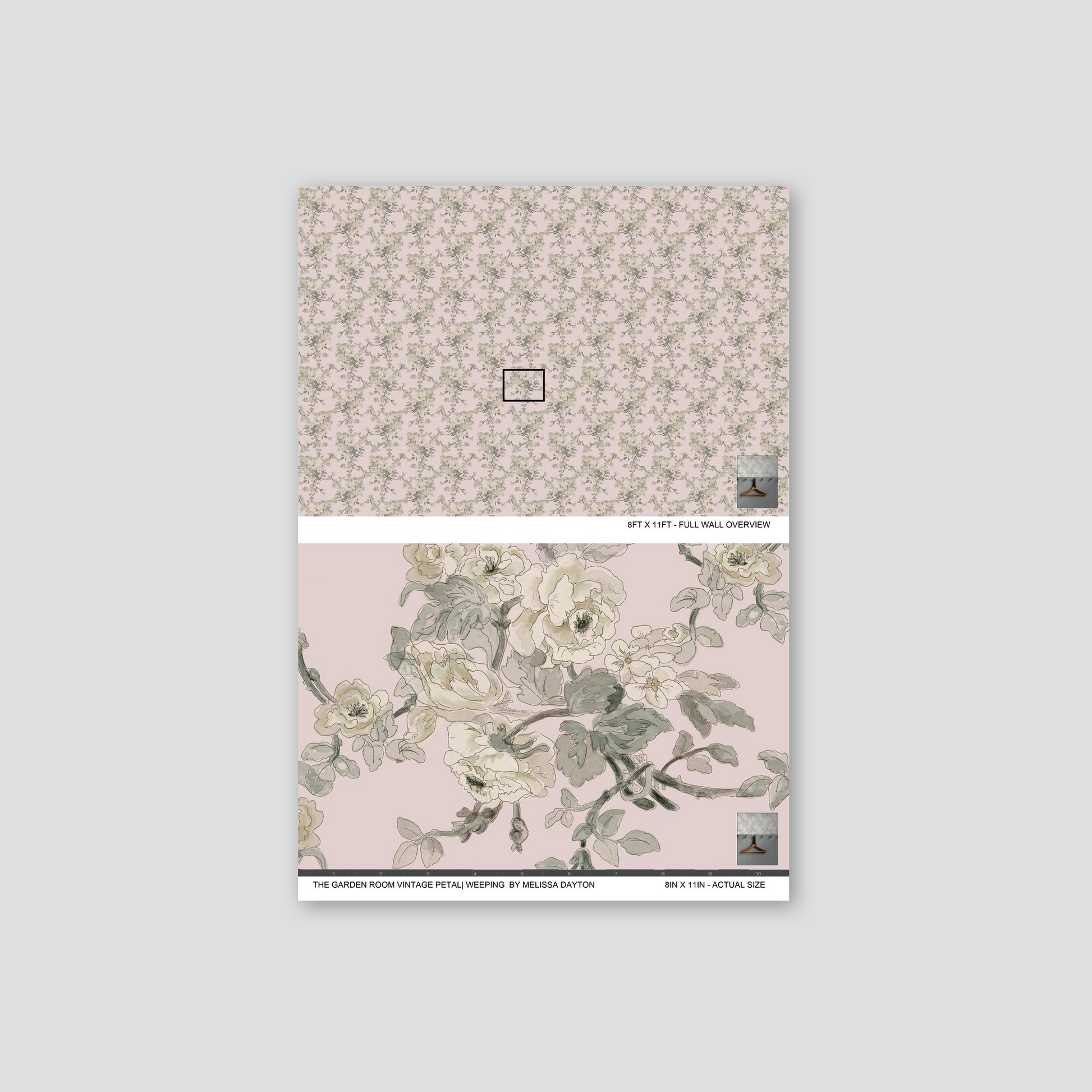 Blush floral wallpaper with sage and ivory vines in vintage style.