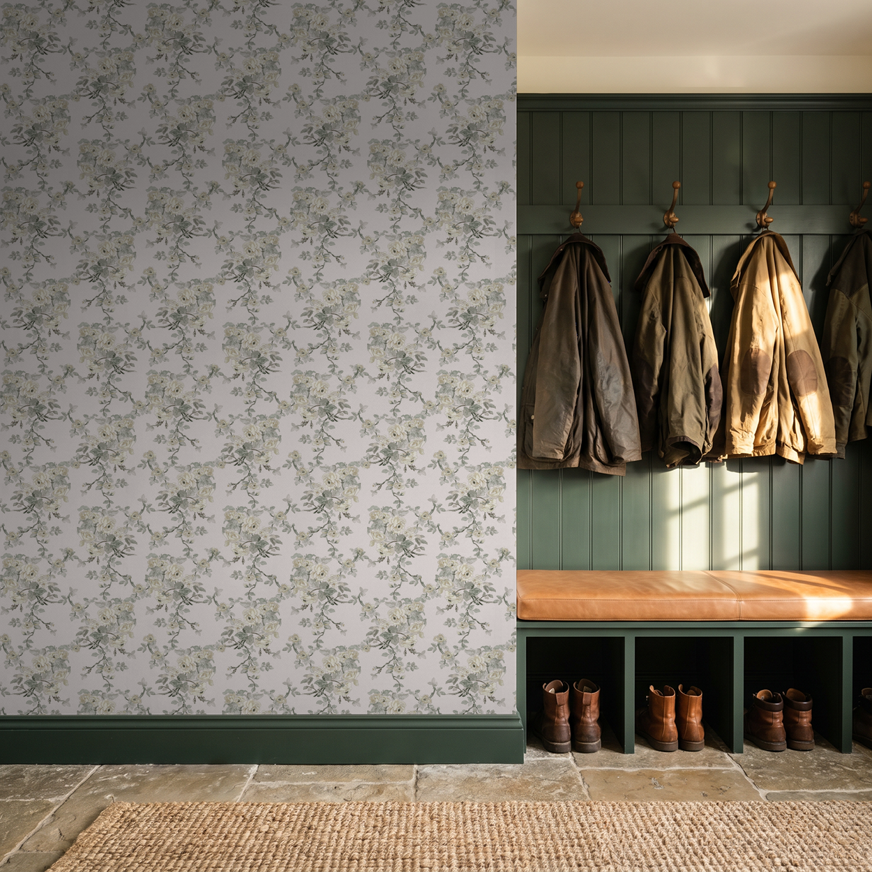 Blush and sage floral wallpaper with ivory and pale yellow blooms on a soft background.mudroom