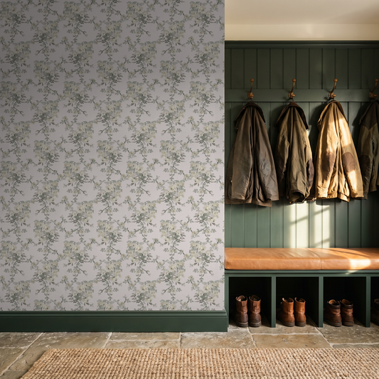 Blush and sage floral wallpaper with ivory and pale yellow blooms on a soft background.mudroom