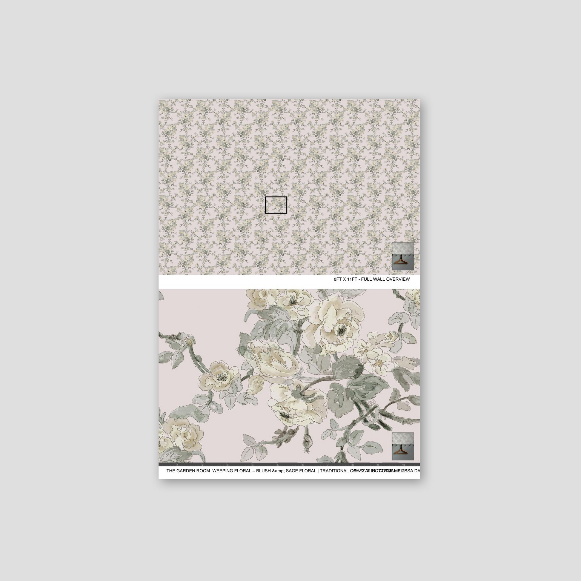 Blush and sage floral wallpaper with ivory and pale yellow blooms on a soft background.