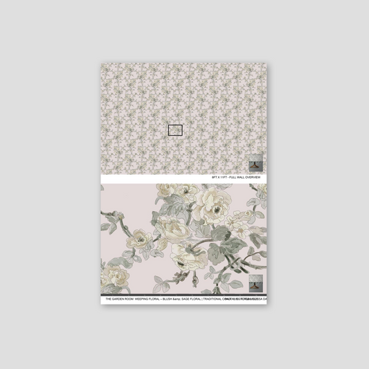 Blush and sage floral wallpaper with ivory and pale yellow blooms on a soft background.