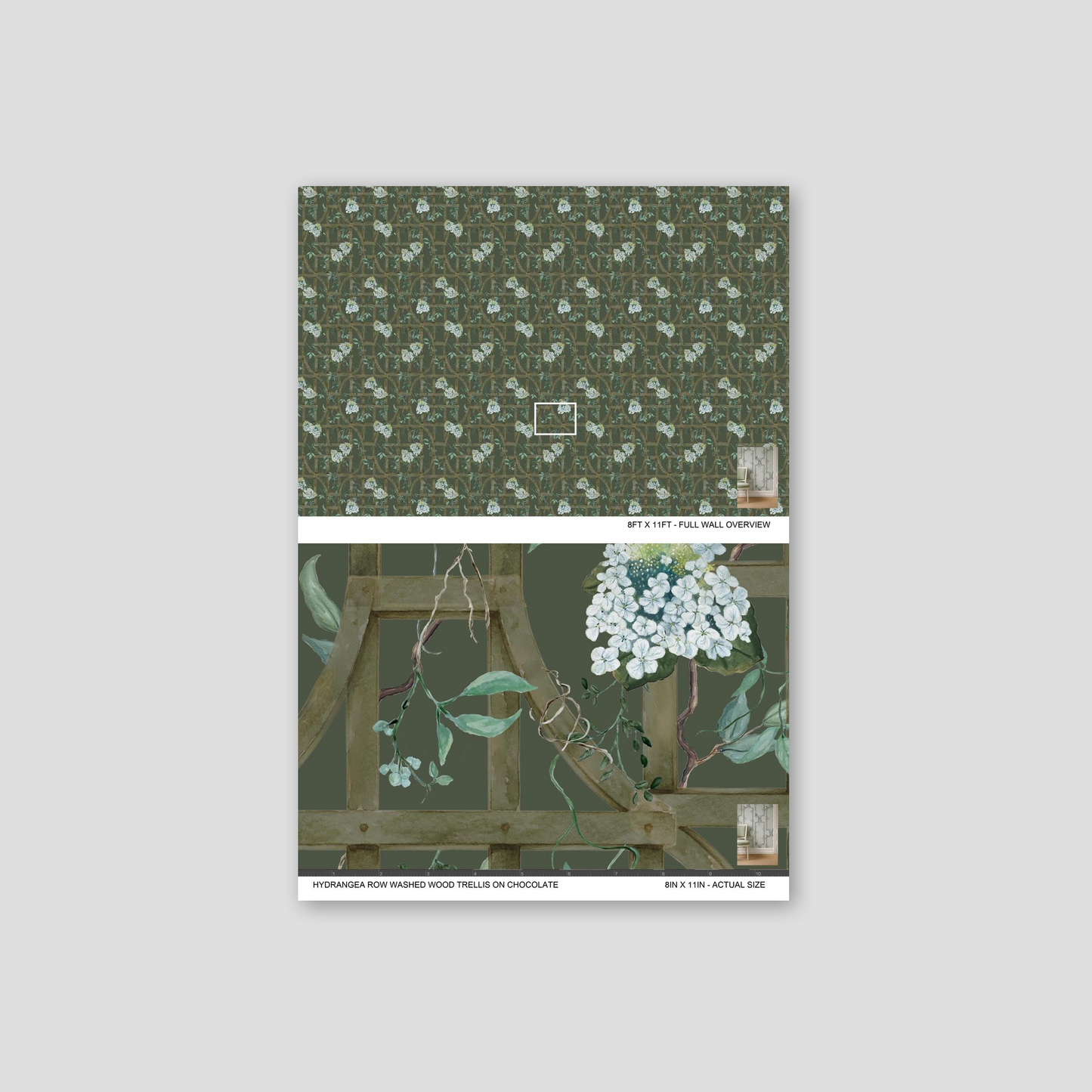 Botanical hydrangea trellis wallpaper with green and chocolate tones.