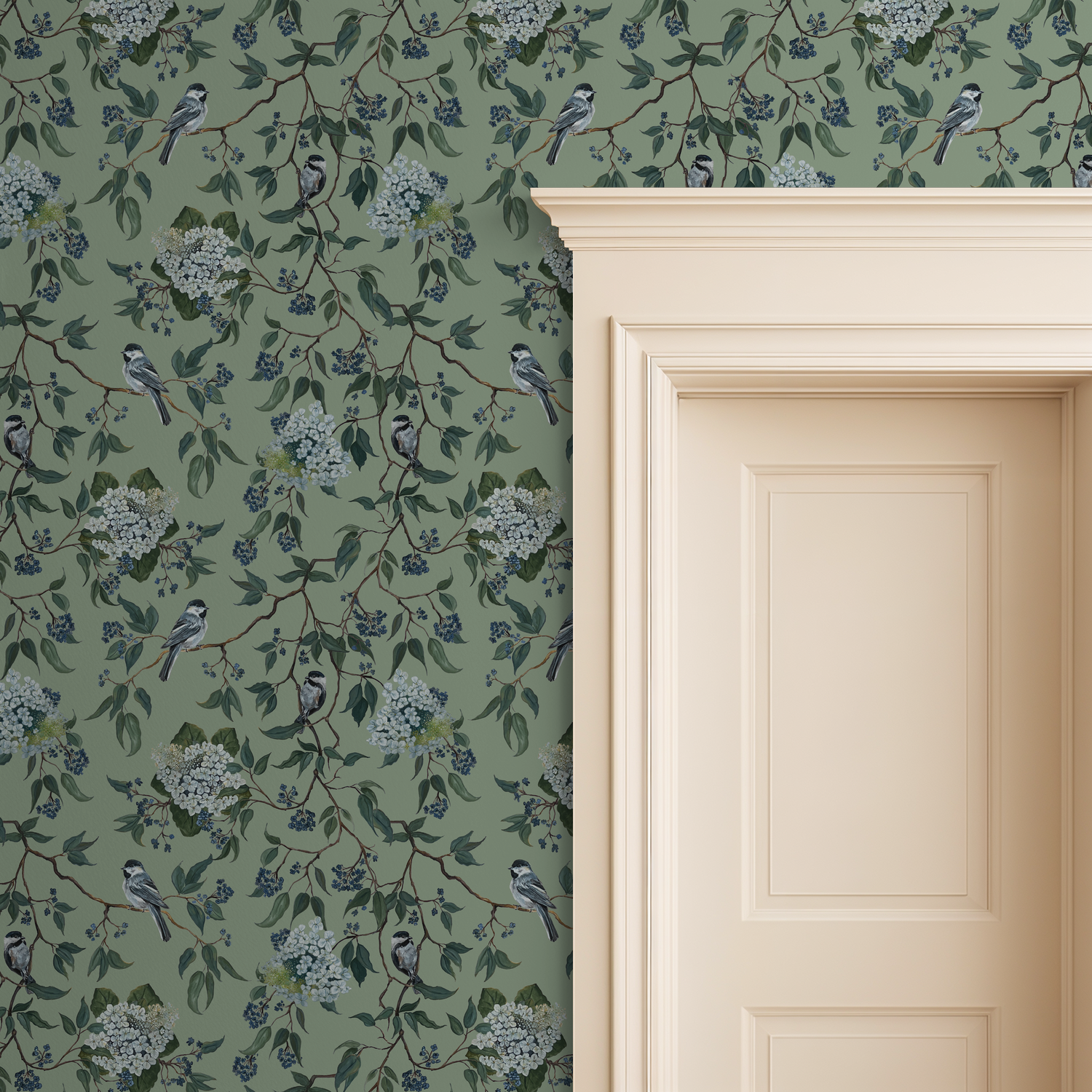 Botanical wallpaper with birds, branches, and blossoms on a green background next to a cream door.