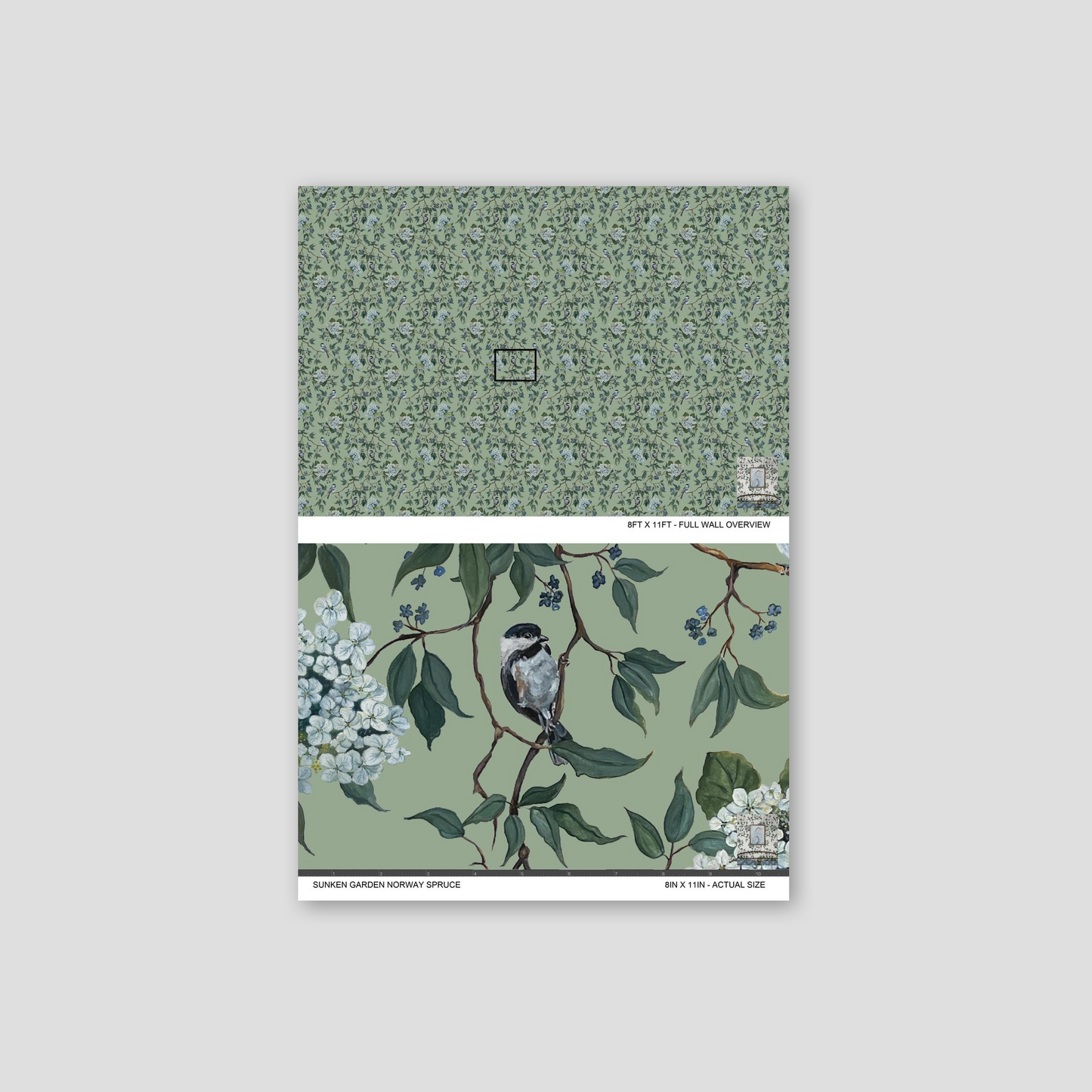 Botanical wallpaper with green backdrop, branches, blossoms, and perched bird.