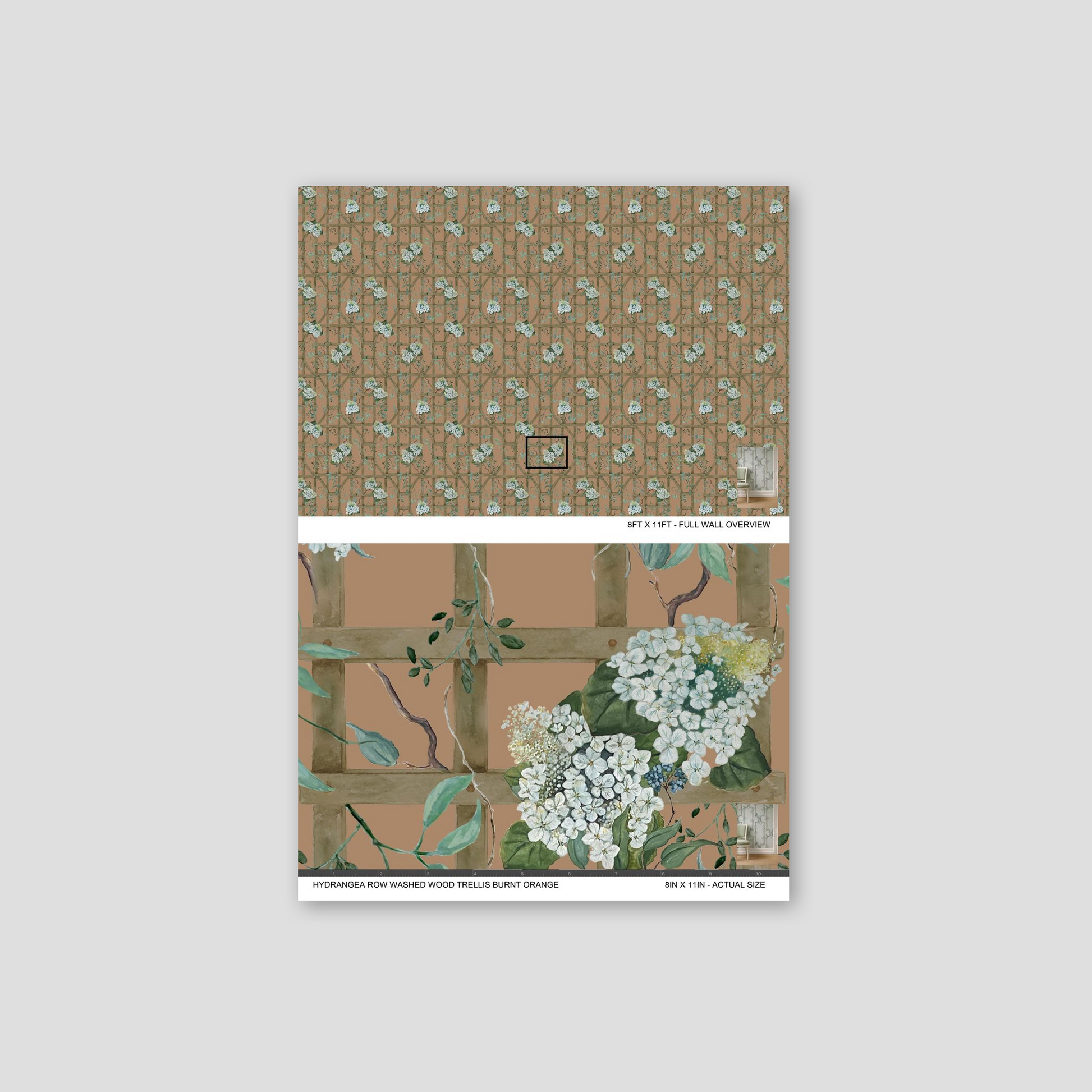 Burnt orange wallpaper with hydrangea and trellis pattern