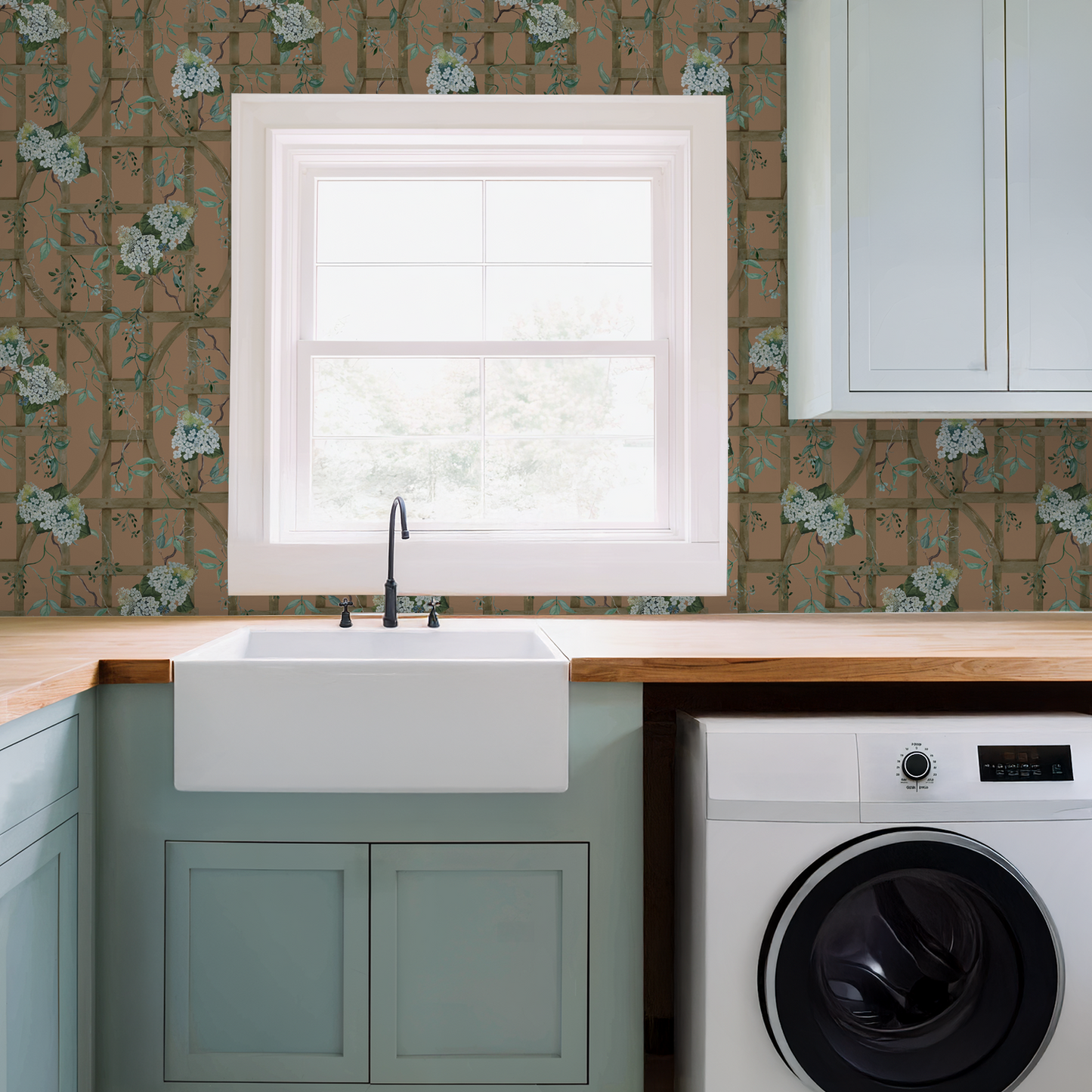 Burnt orange floral wallpaper with hydrangea trellis in a vintage kitchen setting.