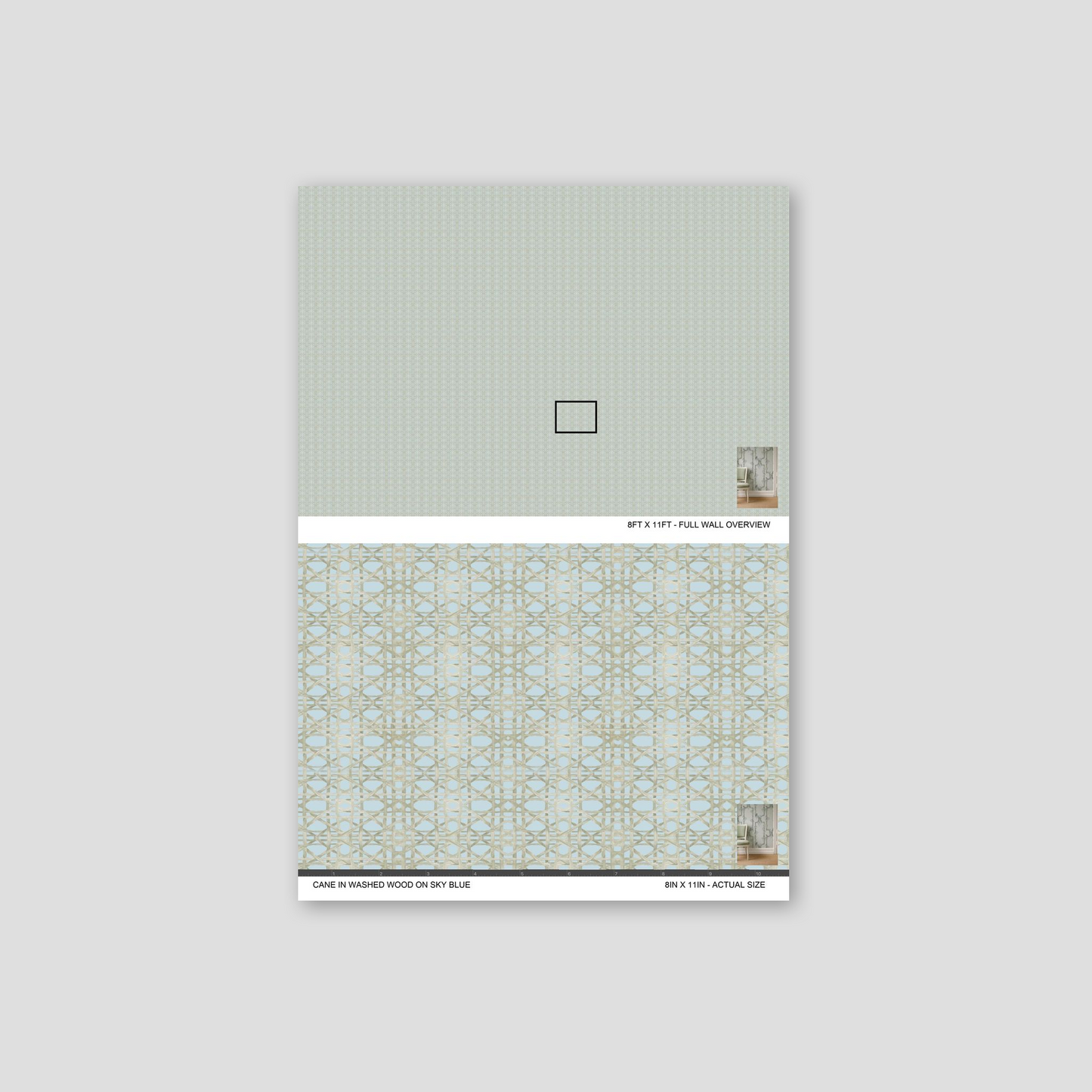 Cane lattice wallpaper in washed wood on sky blue with geometric pattern.