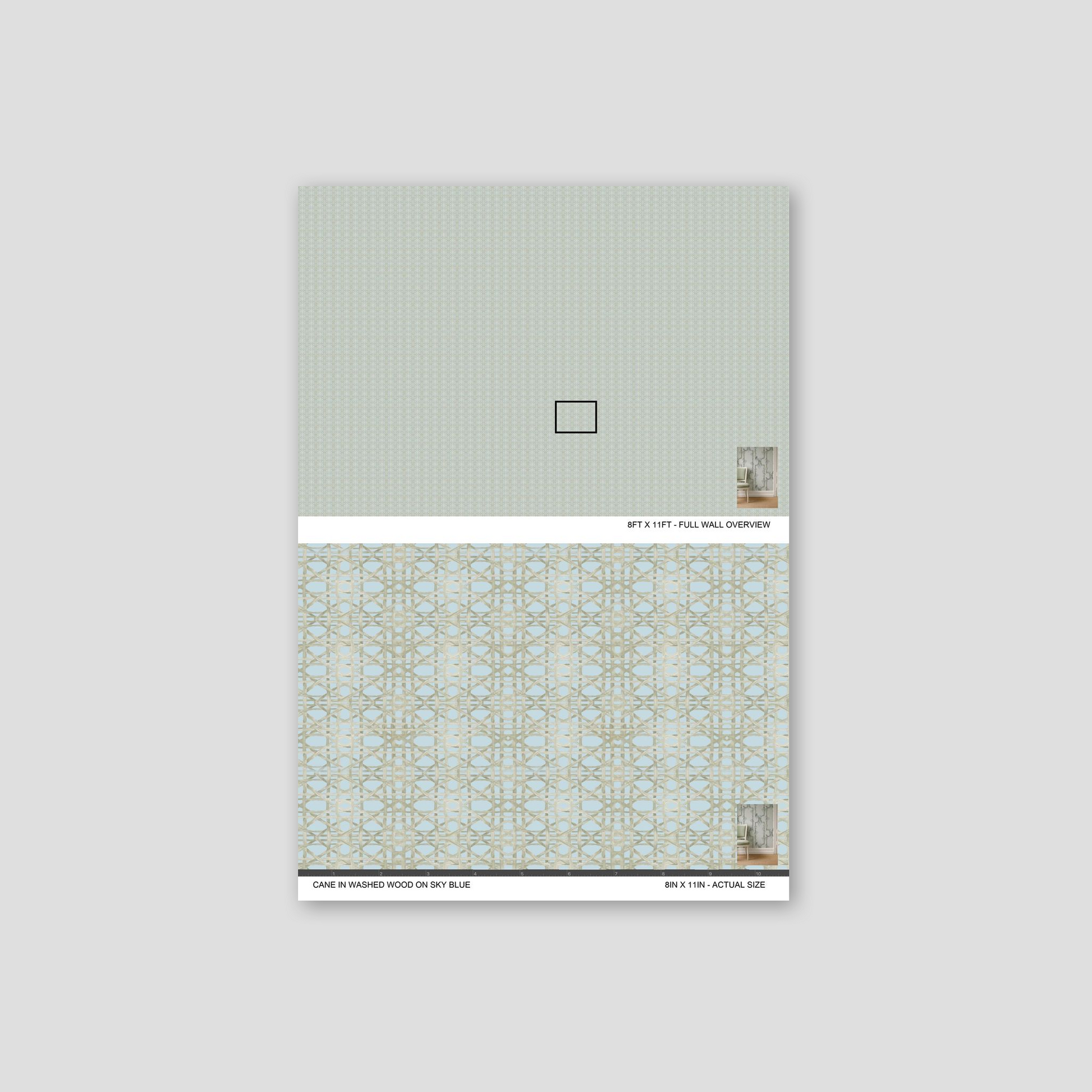 Cane lattice wallpaper in washed wood on sky blue with geometric pattern.