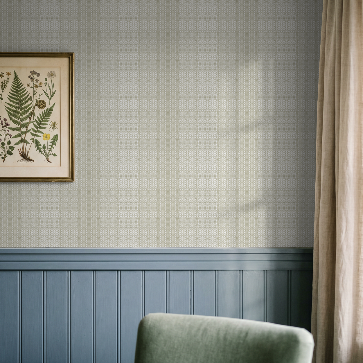 Cane wallpaper in washed wood with ivory background in elegant room setting.