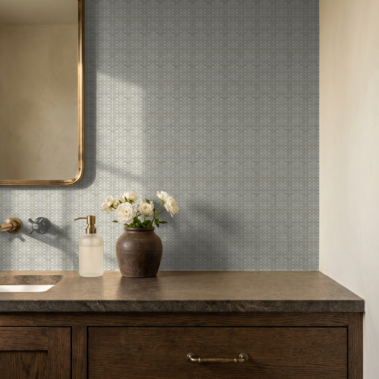 Cane wallpaper in washed wood with ivory background in elegant bathroom setting.