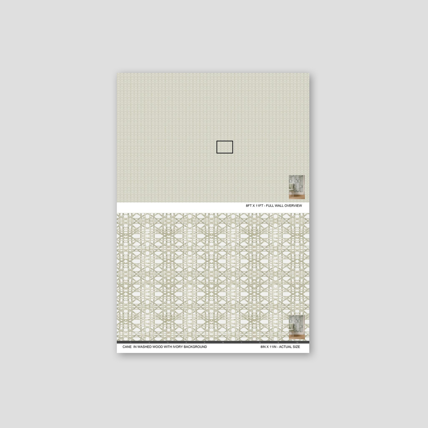 Cane wallpaper with washed wood and ivory background, geometric pattern.