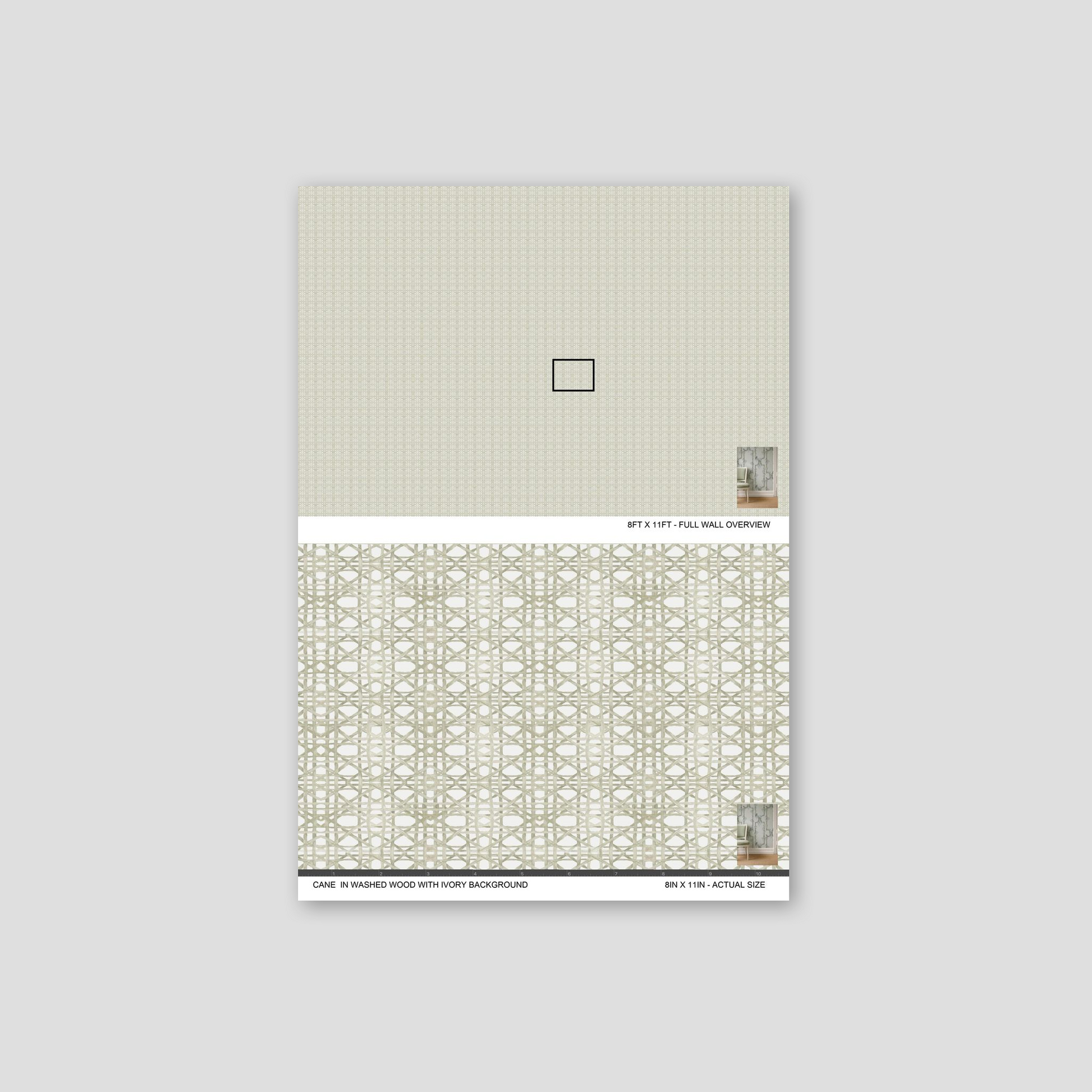 Cane wallpaper with washed wood and ivory background, geometric pattern.