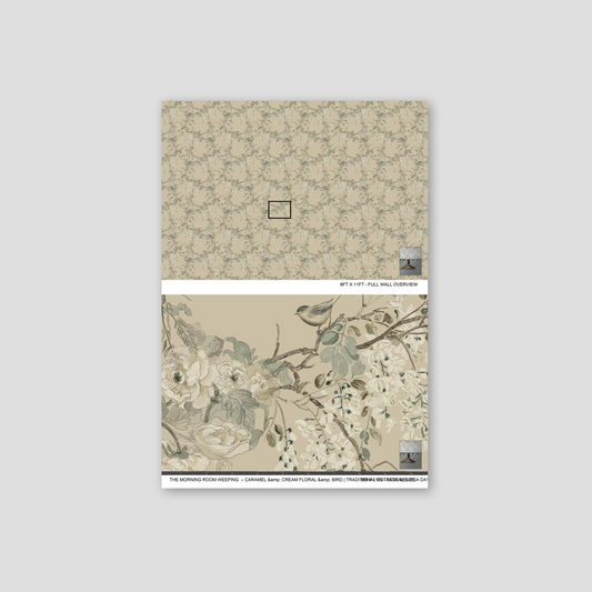 Caramel and cream floral and bird wallpaper sample with delicate blooms and branches.
