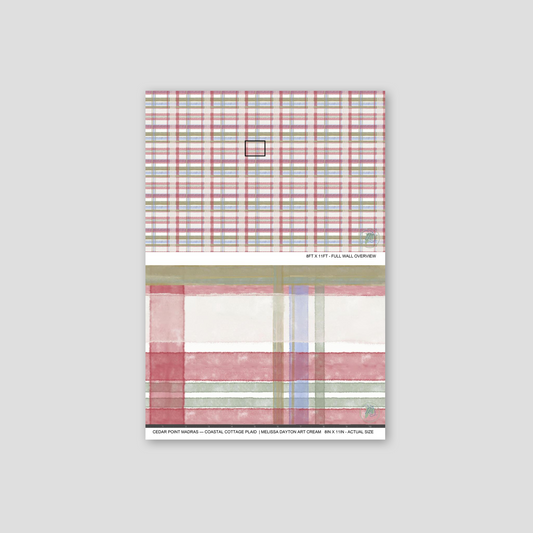 Plaid wallpaper with muted reds, blues, greens on cream background.