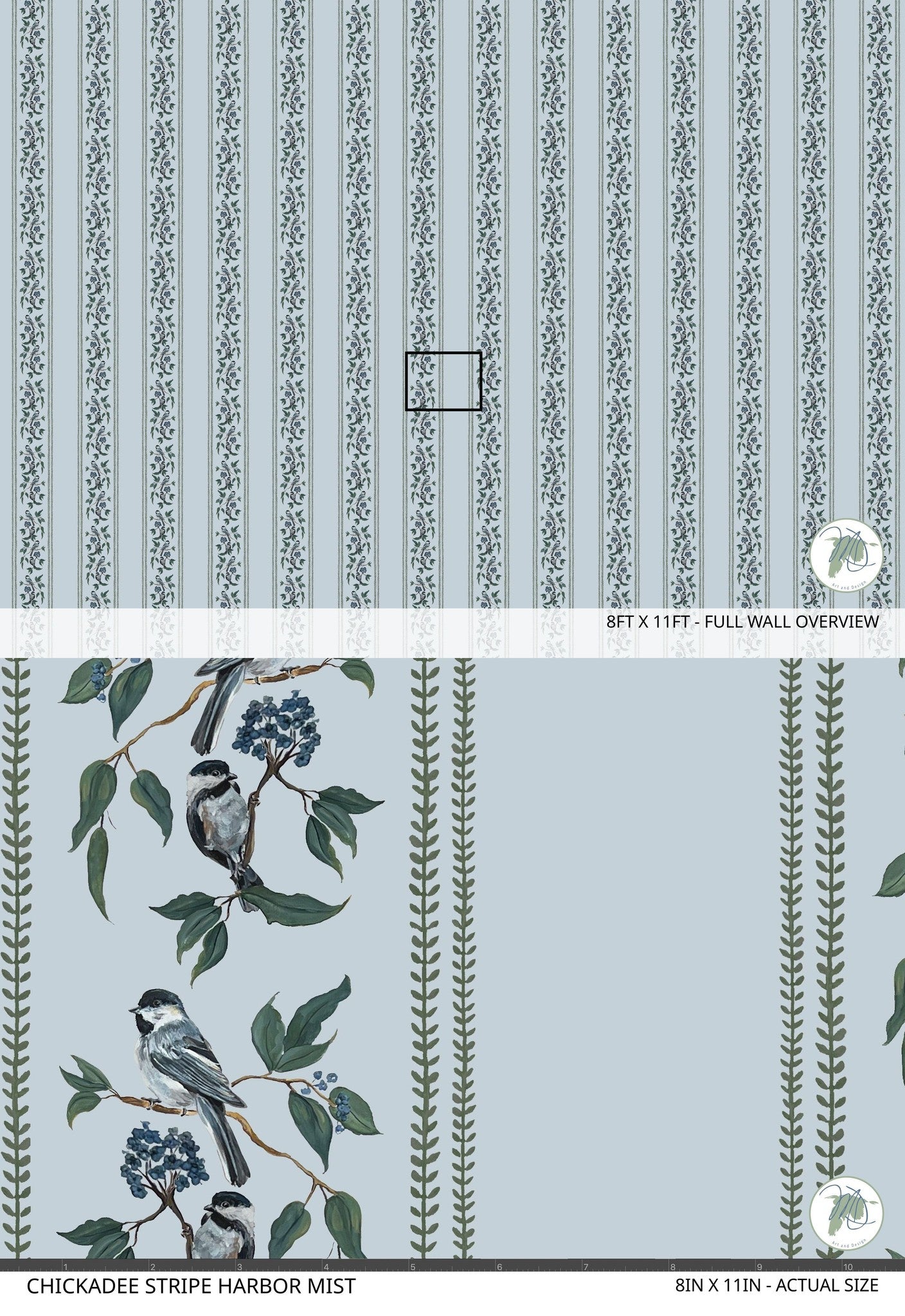 Chickadee Stripe Harbor Mist wallpaper with blue floral and bird motifs.