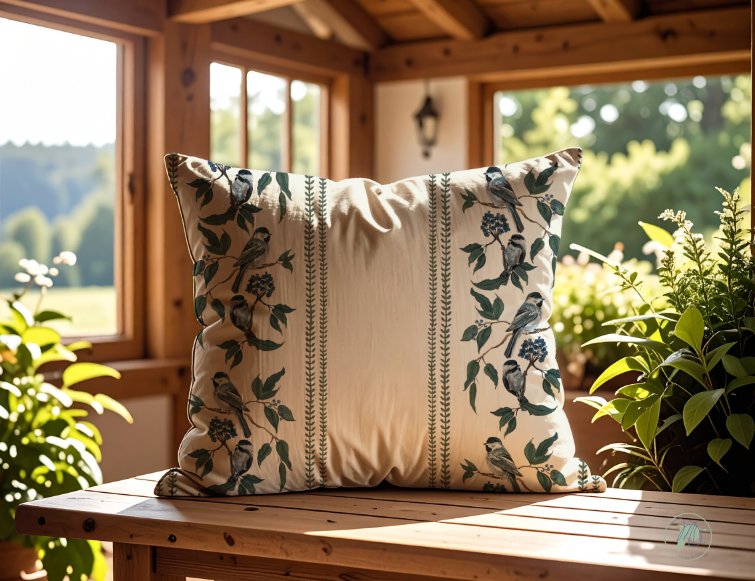 Decorative pillow with floral patterns on a wooden surface in a sunlit room.