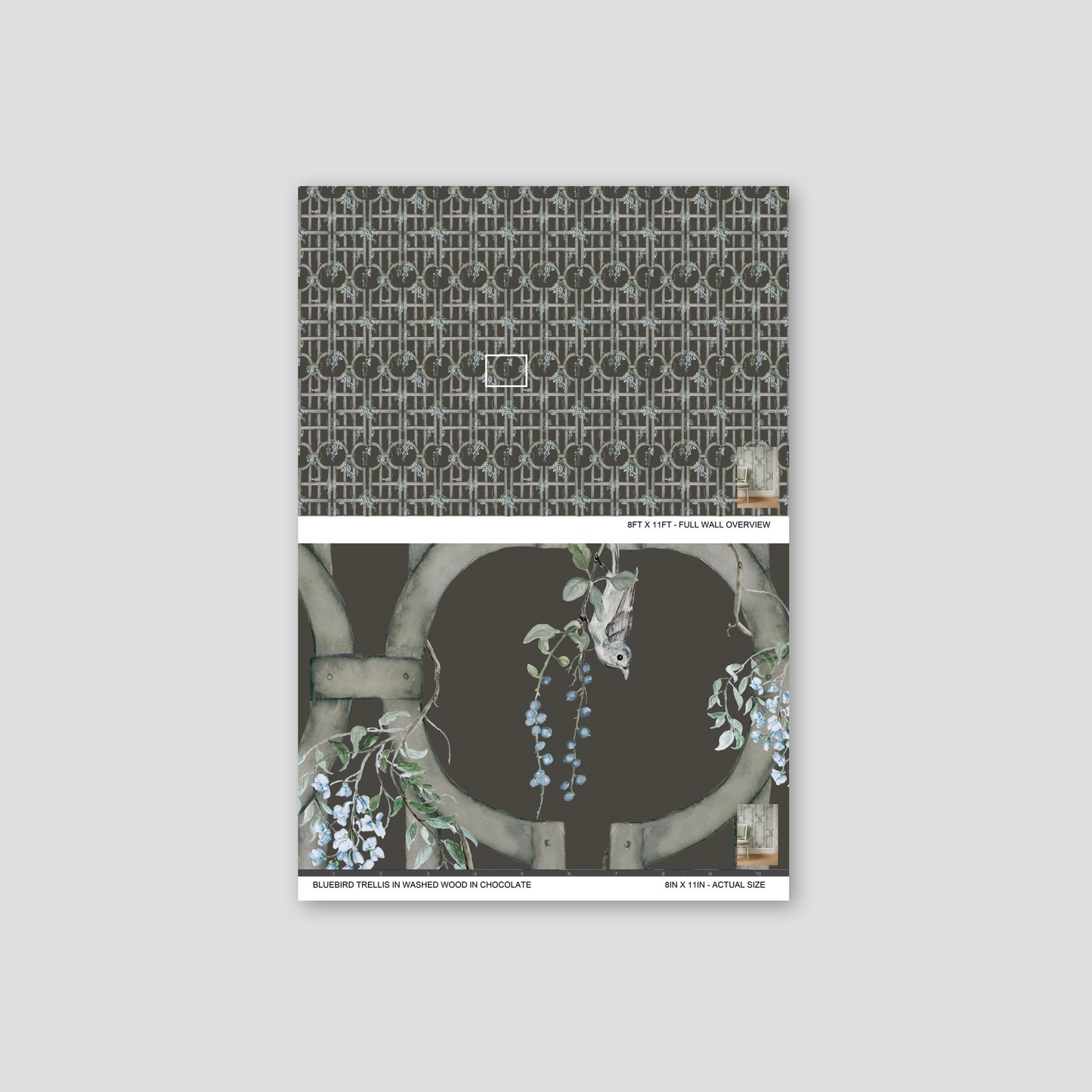 Chocolate wallpaper with blue blossoms and wooden trellis pattern.
