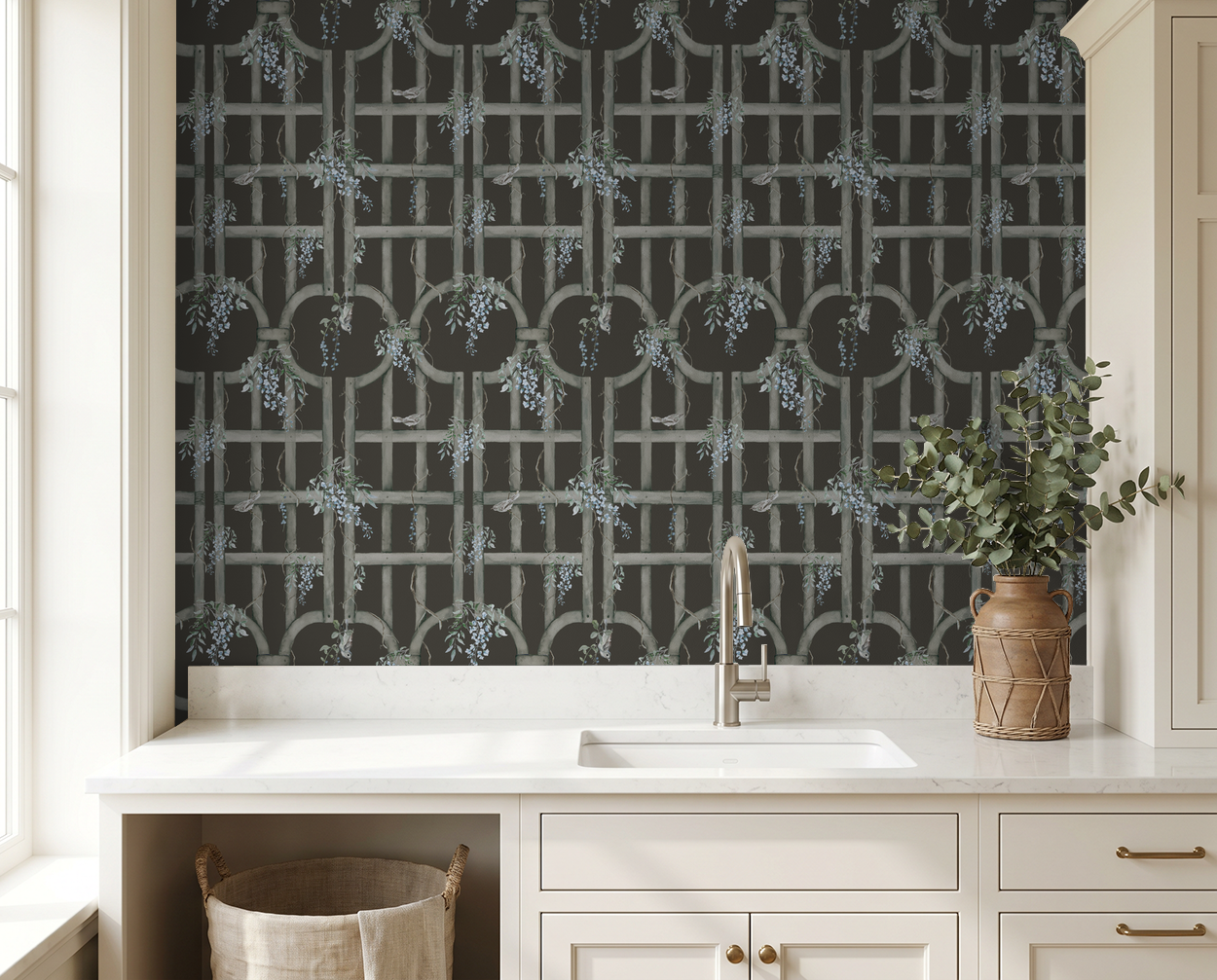 Chocolate trellis wallpaper with blue blossoms in kitchen setting.