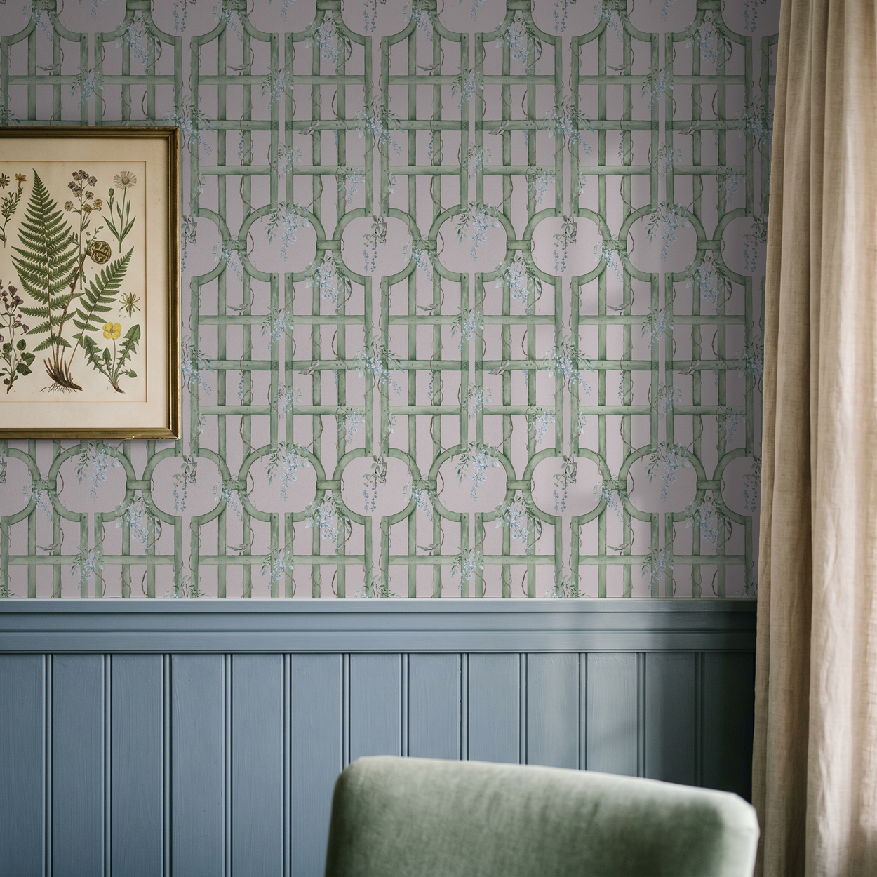 Circle Trellis blush wallpaper with green trellises and vines in a classic room setting.