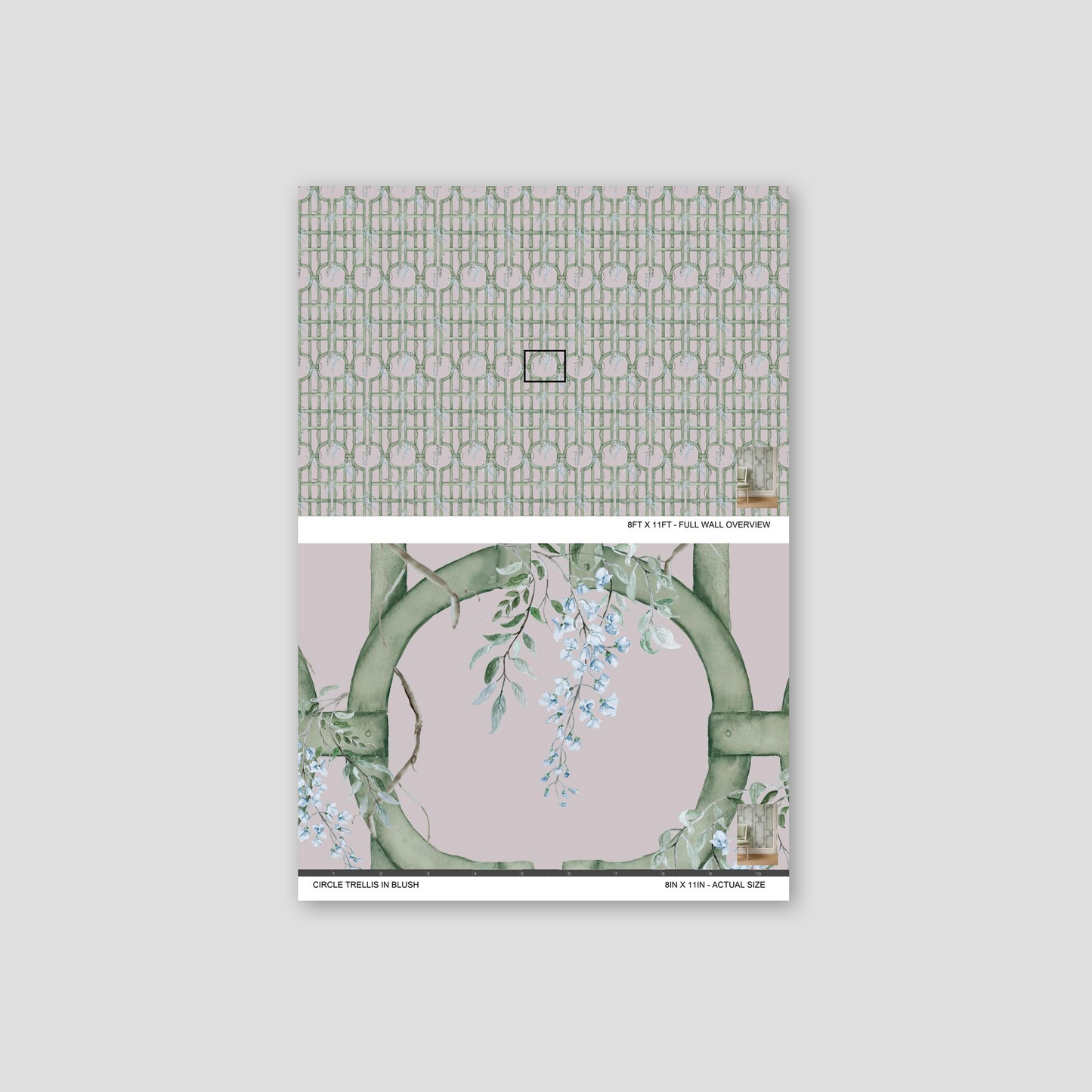 Circle Trellis in blush wallpaper sample with green trellis and wisteria on pastel background.