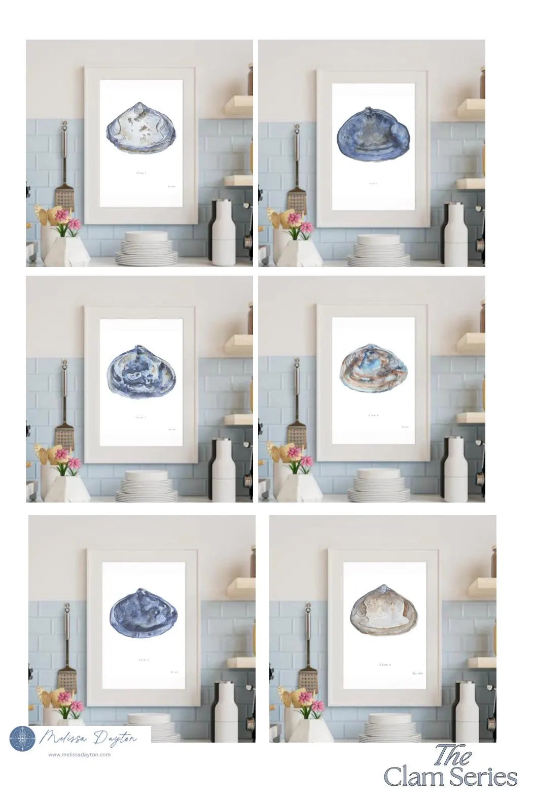 The Clam Series — Complete Set of 6 Coastal Watercolor Prints | Gallery Wall |Melissa Dayton |unframed