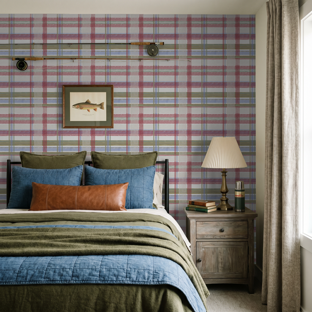 Coastal cottage plaid wallpaper in cream with muted reds, blues, and greens in a cozy bedroom.