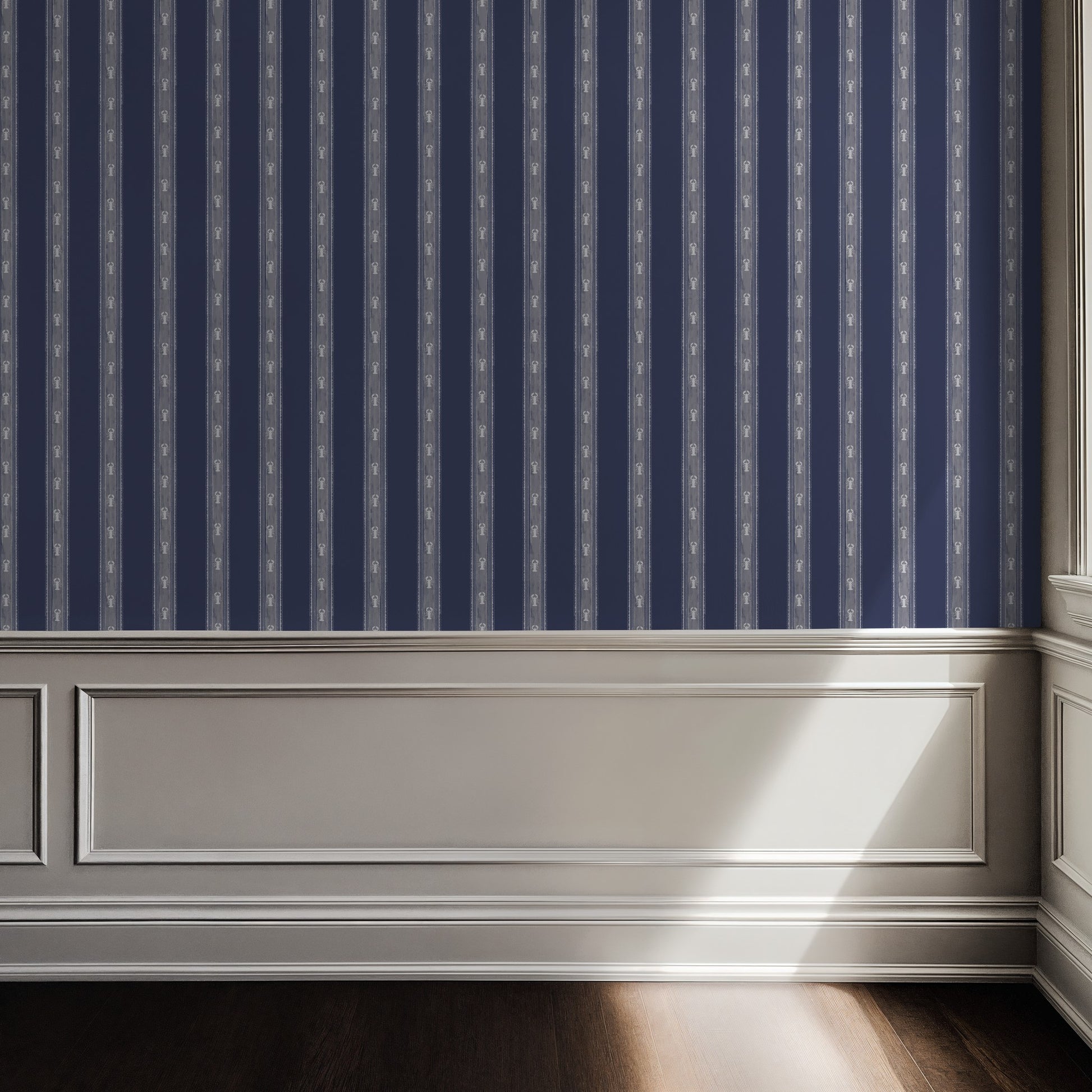 Coastal striped wallpaper with blue and white nautical pattern in elegant room.