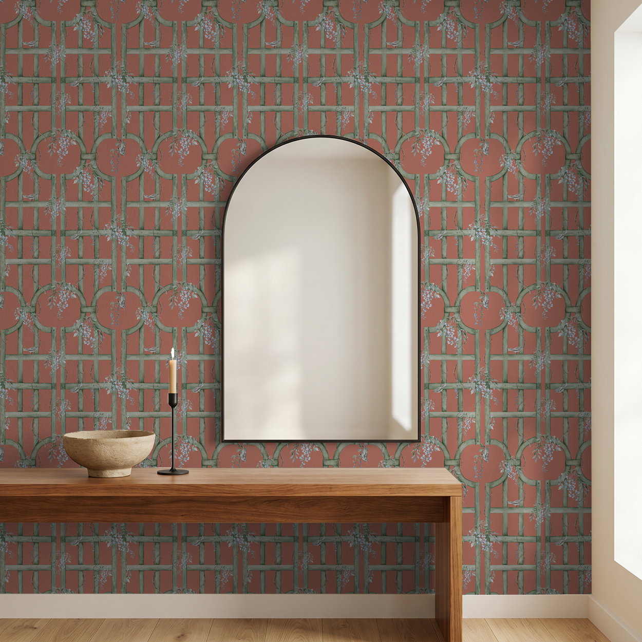 Coral wallpaper with green trellis and blue flowers in a modern room setting.