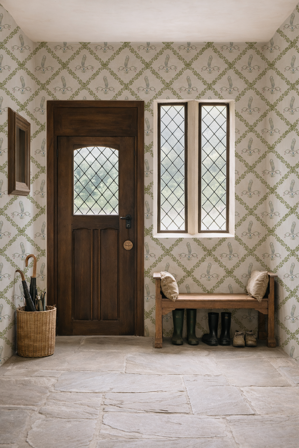 Foyer with wooden door, bench, and patterned wallpaper