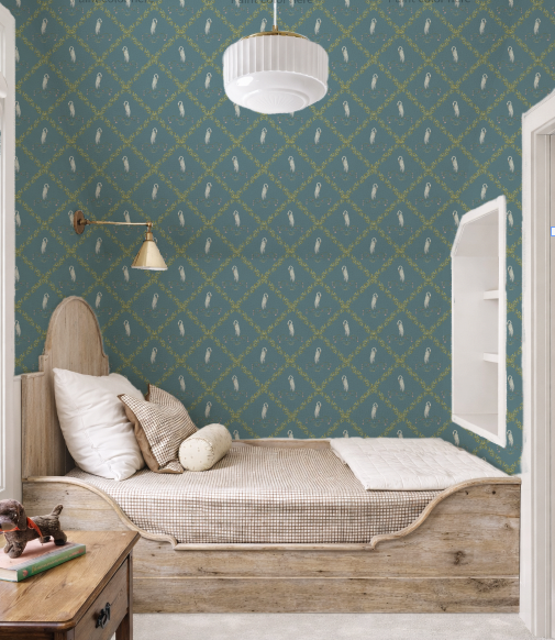 bedroom with wooden ed and wallpaper in teal with herons 