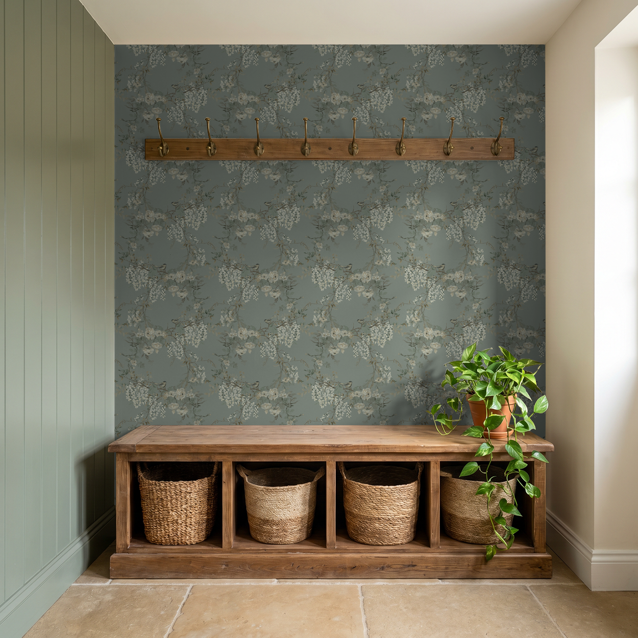 Cream and sage floral bird wallpaper in rustic entryway with bench and plants.