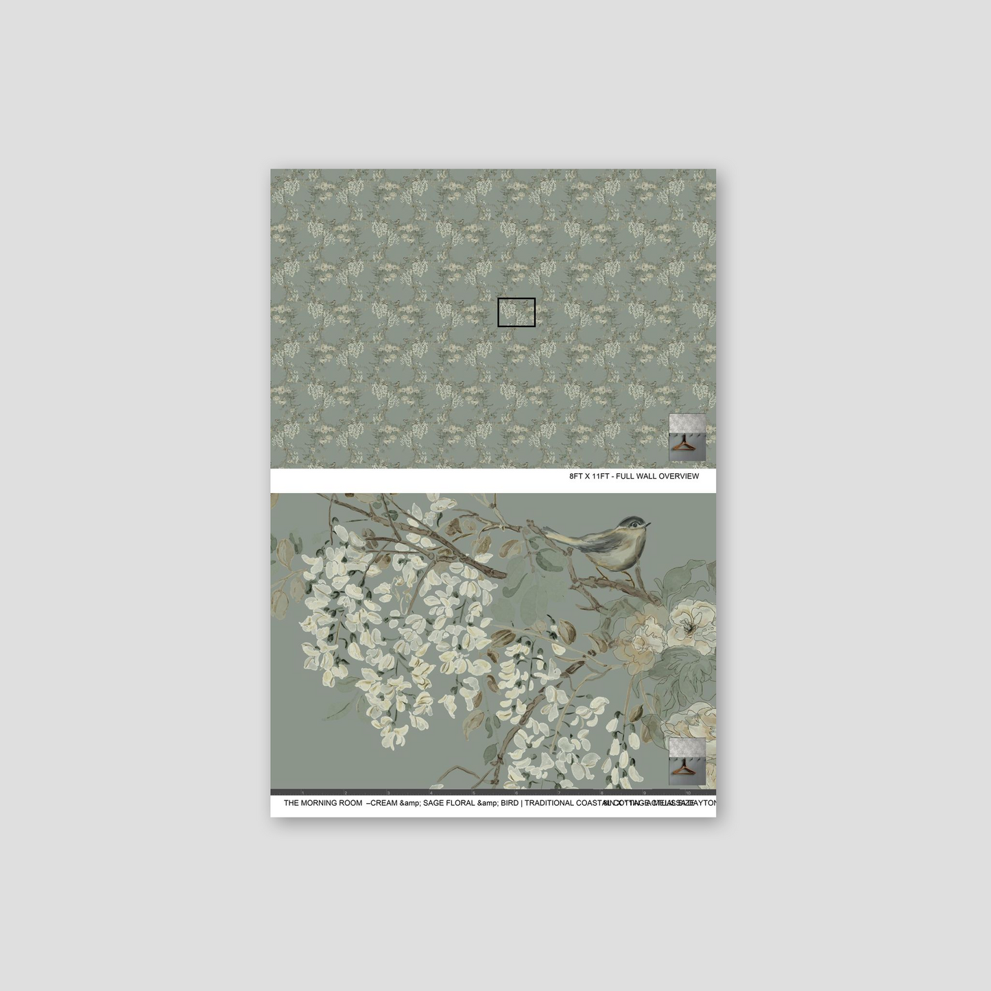 Cream and sage floral and bird wallpaper with trailing vines on a green background.