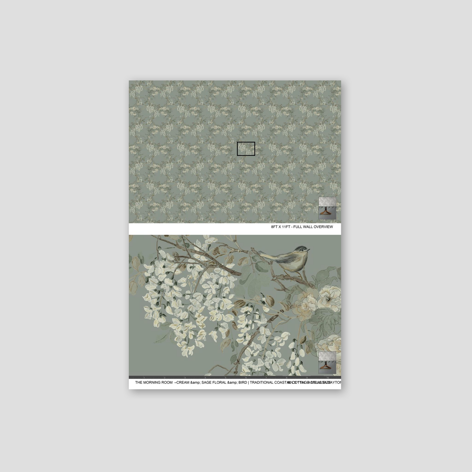 Cream and sage floral and bird wallpaper with trailing vines on a green background.