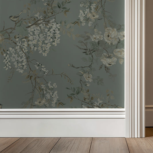 Cream and sage floral and bird wallpaper in a traditional setting
