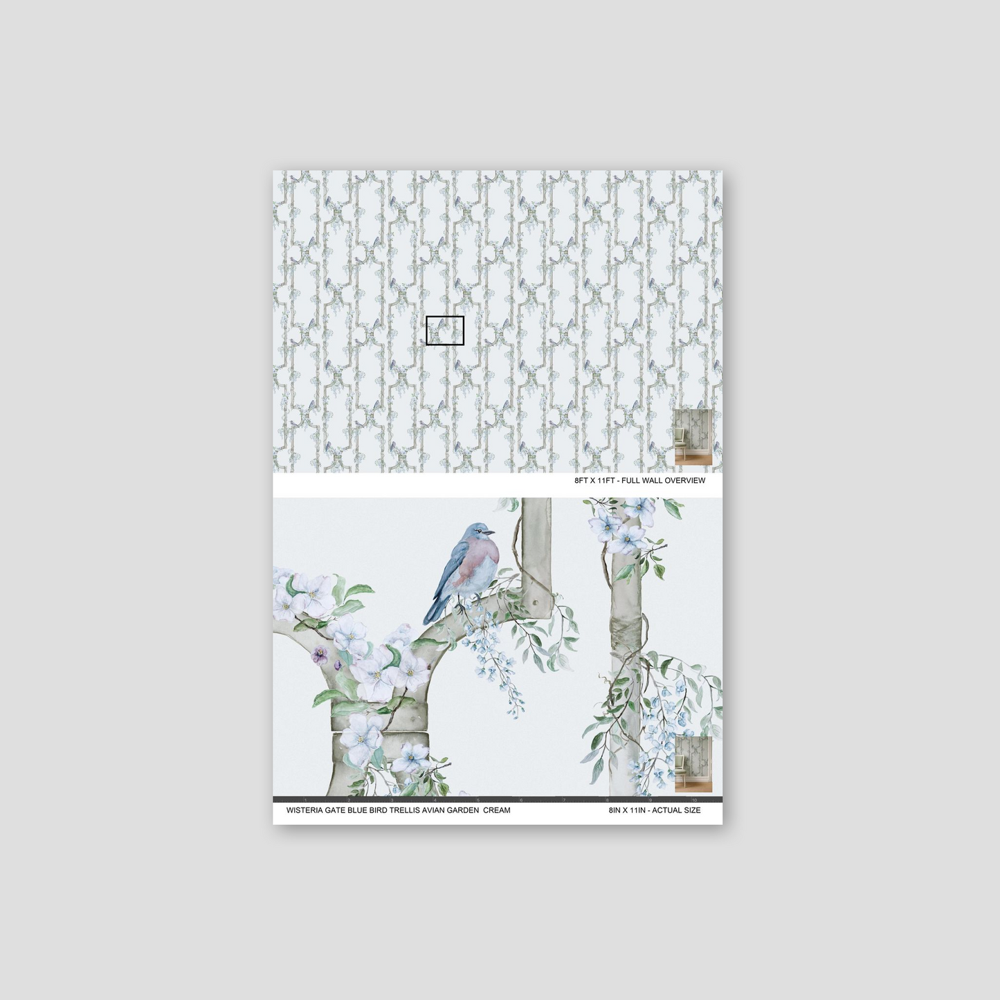 Cream wallpaper with blue bird, floral trellis pattern, and vines.