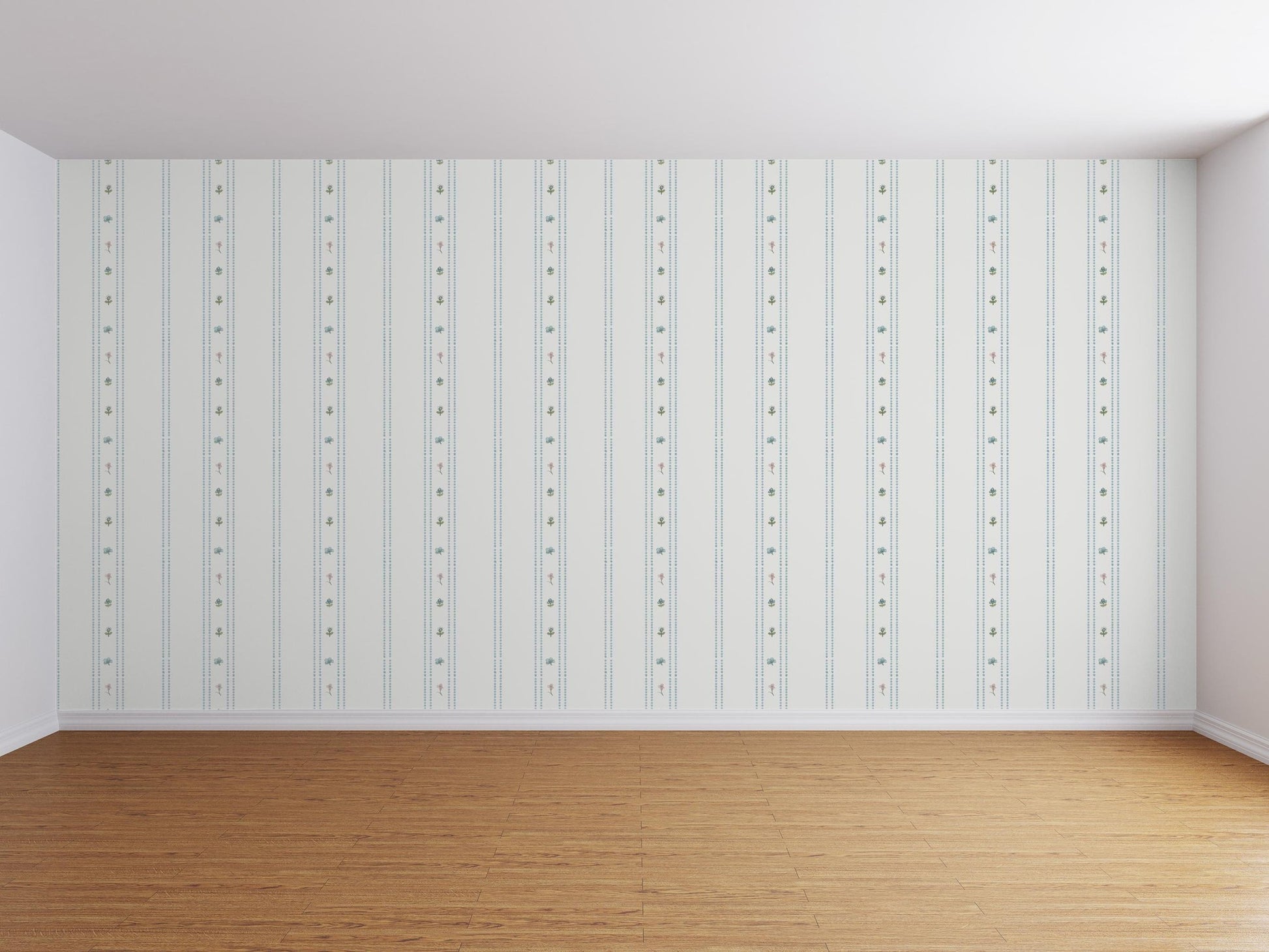 Room with dainty garden stripe stone floral wallpaper on white wall.