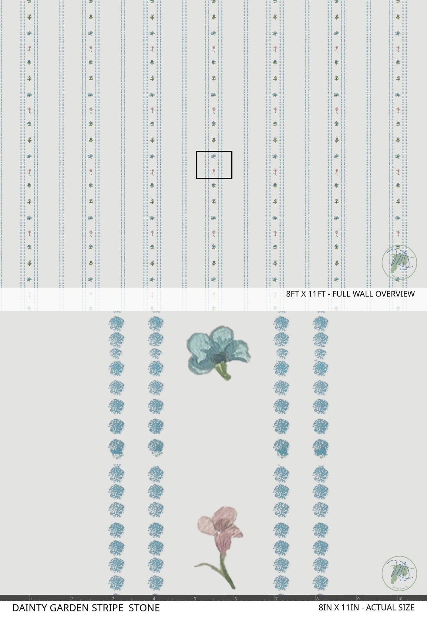 Dainty Garden Stripe Stone wallpaper with floral motifs on a soft backdrop.