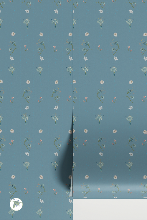 Floral patterned wallpaper on a blue background