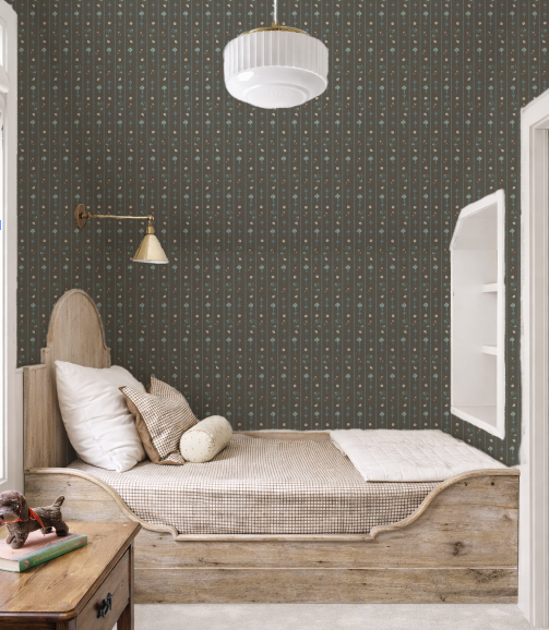 Dark brown dainty floral wallpaper in a bedroom with wood bed