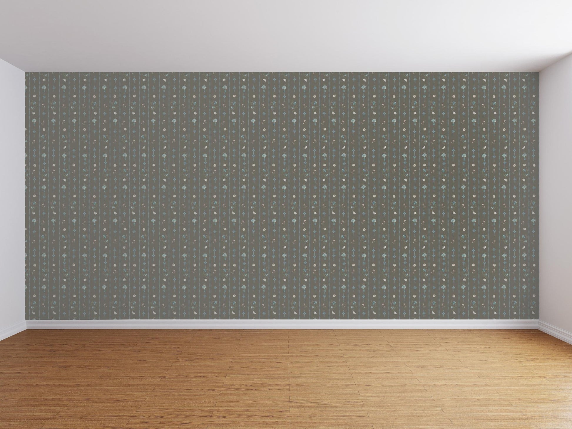 Dark floral wallpaper with delicate motifs in an empty modern room.