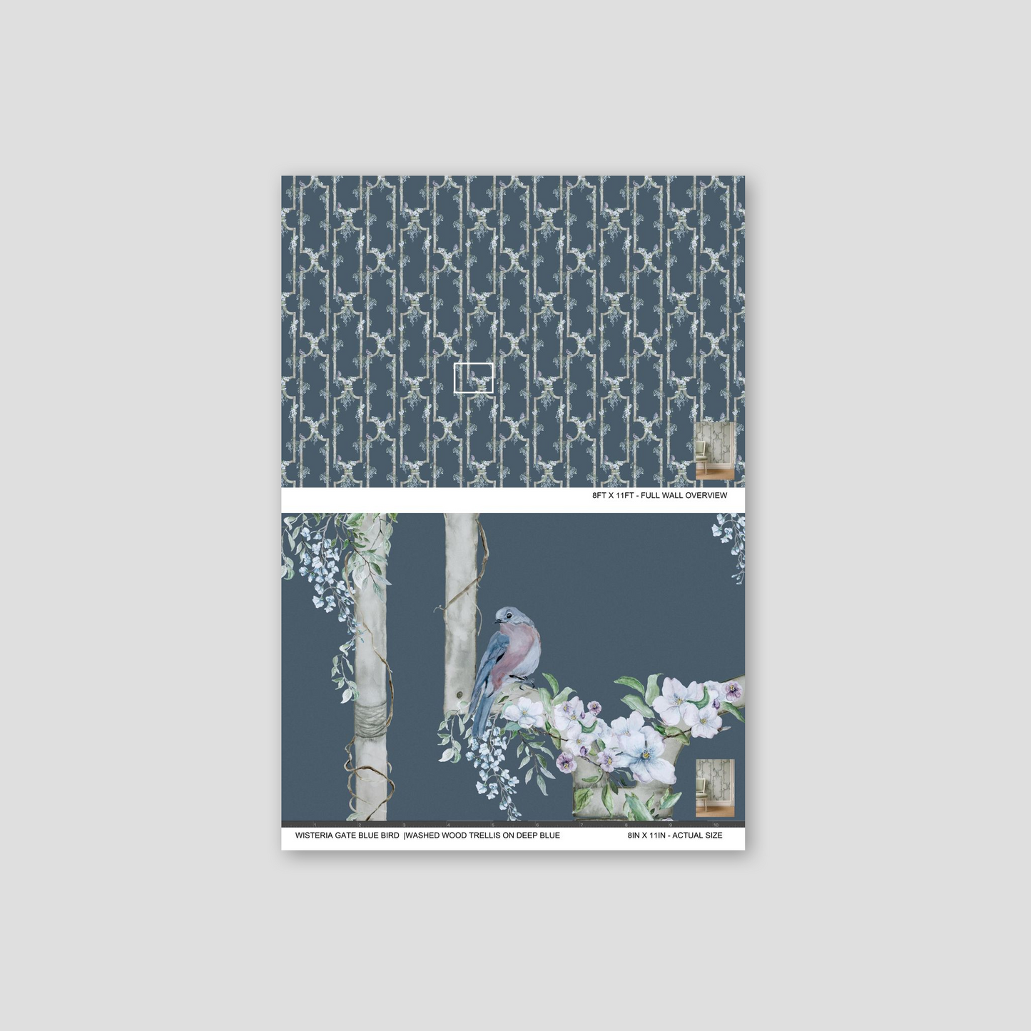 Deep blue wallpaper with wood trellis, soft florals, and perched bird design.
