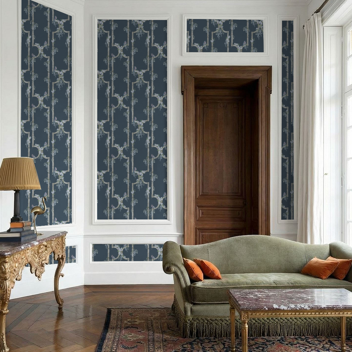Deep blue wallpaper with trellis and floral design in elegant living room.